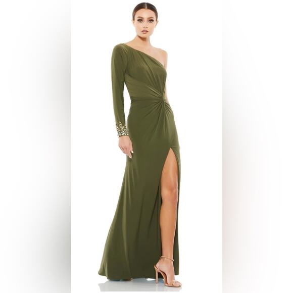 NWT Mac Duggal One Sleeve Beaded Cuff Side Twist Gown Olive 6 55696 - Picture 1 of 7